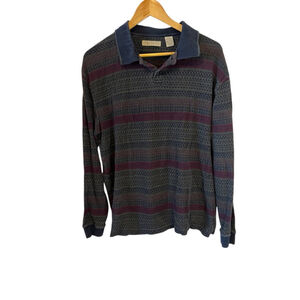 Men's Retreat Blue Burgundy Striped Long Sleeve Polo M Shirt